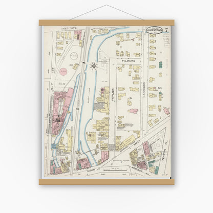Old map wall art mockup — magnetic wood frame on white wall — Sanborn Fire Insurance Map from Jamestown, Chautauqua County, New York (1886), Sheet #0007