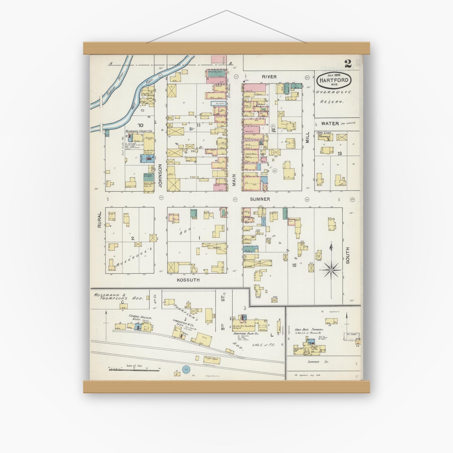Old map wall art mockup — magnetic wood frame on white wall — Sanborn Fire Insurance Map from Hartford, Washington County, Wisconsin (1892), Sheet #0002