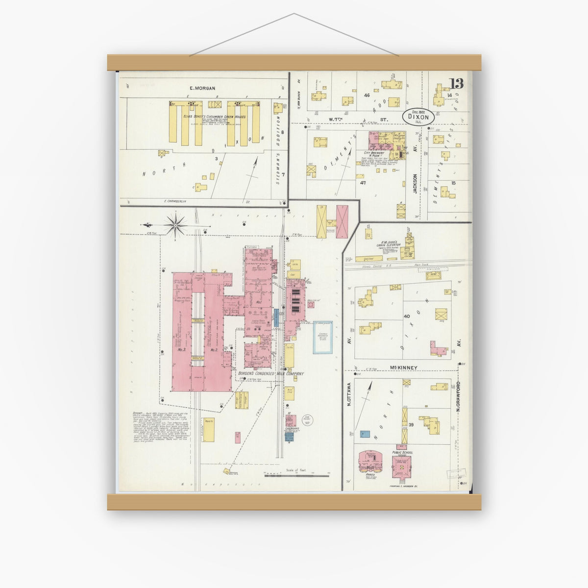 Old map wall art mockup — magnetic wood frame on white wall — Sanborn Fire Insurance Map from Dixon, Lee County, Illinois (1902), Sheet #0013