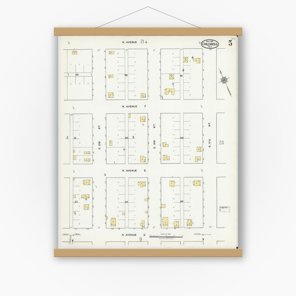 Old map wall art mockup — magnetic wood frame on white wall — Sanborn Fire Insurance Map from Childress, Childress County, Texas (1921), Sheet #0005