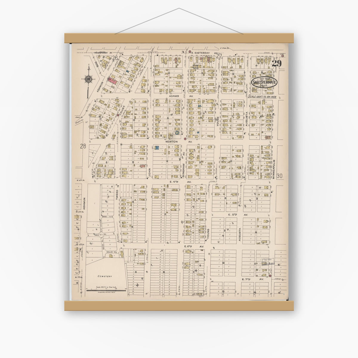 Old map wall art mockup — magnetic wood frame on white wall — Sanborn Fire Insurance Map from Sault Sainte Marie, Chippewa County, Michigan (1922), Sheet #0029