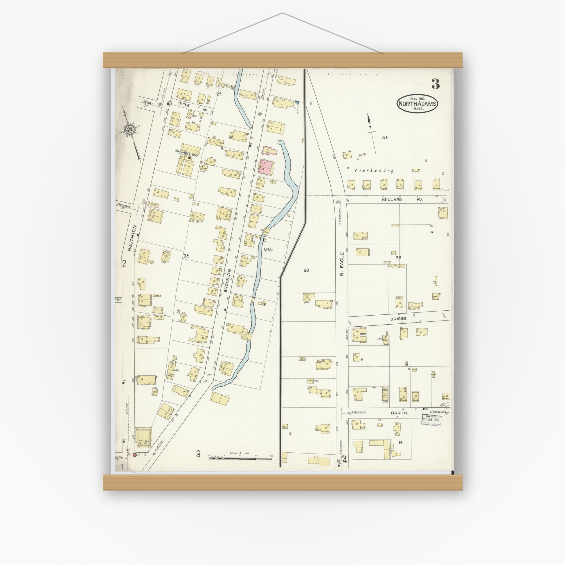 Old map wall art mockup — magnetic wood frame on white wall — Sanborn Fire Insurance Map from North Adams, Berkshire County, Massachusetts (1914), Sheet #0003