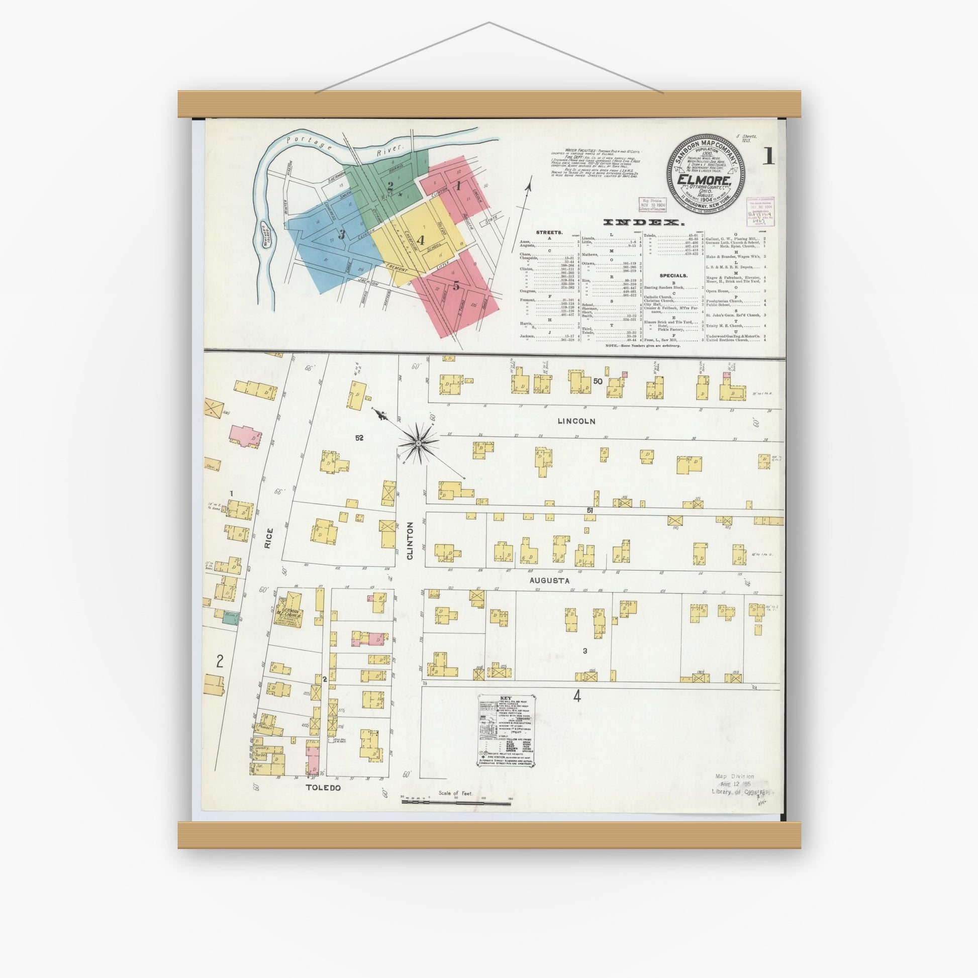 Old map wall art mockup — magnetic wood frame on white wall — Sanborn Fire Insurance Map from Elmore, Ottawa County, Ohio (1904), Sheet #0001