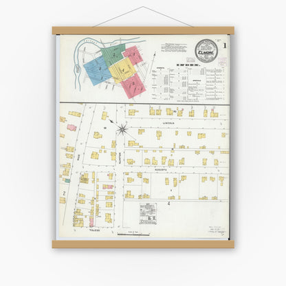 Old map wall art mockup — magnetic wood frame on white wall — Sanborn Fire Insurance Map from Elmore, Ottawa County, Ohio (1904), Sheet #0001