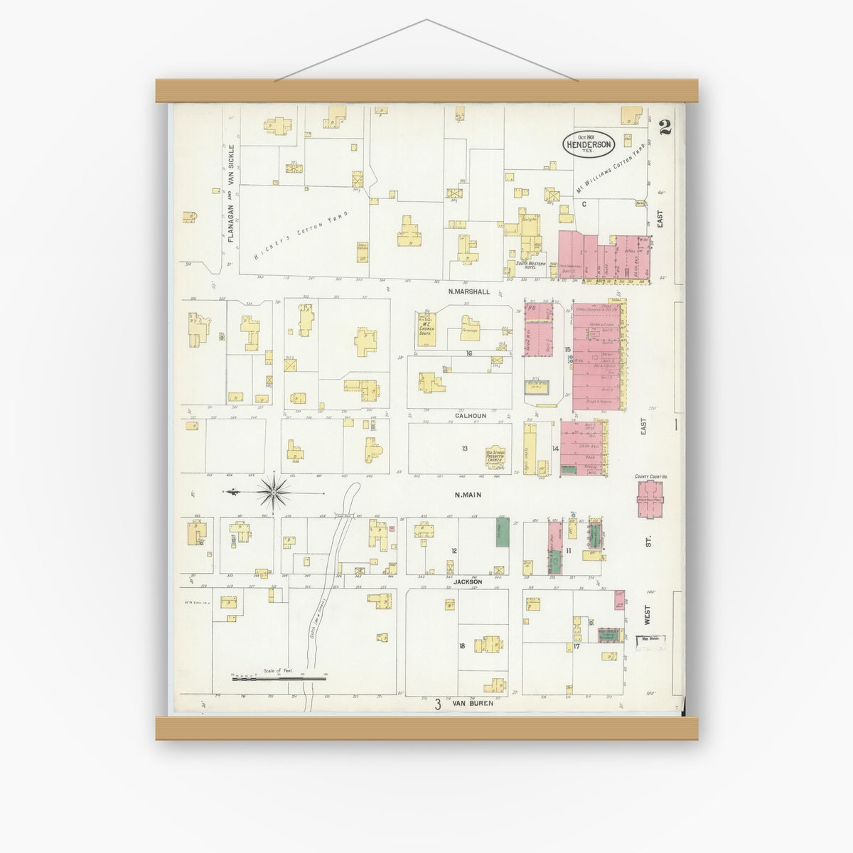 Old map wall art mockup — magnetic wood frame on white wall — Sanborn Fire Insurance Map from Henderson, Rusk County, Texas (1901), Sheet #0002