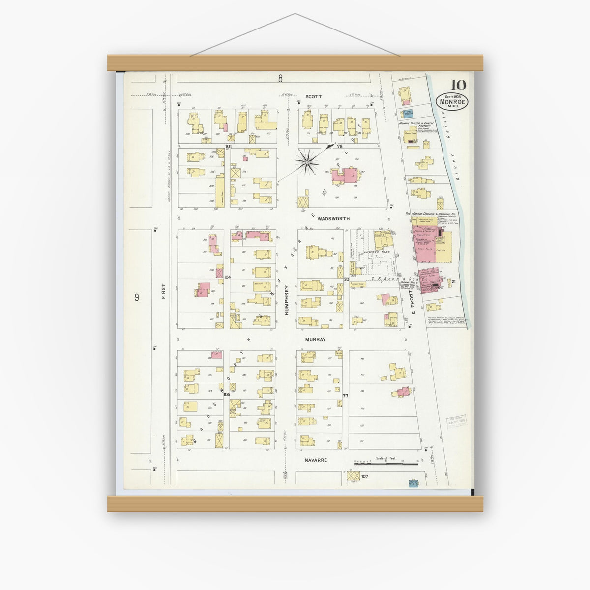 Old map wall art mockup — magnetic wood frame on white wall — Sanborn Fire Insurance Map from Monroe, Monroe County, Michigan (1908), Sheet #0010