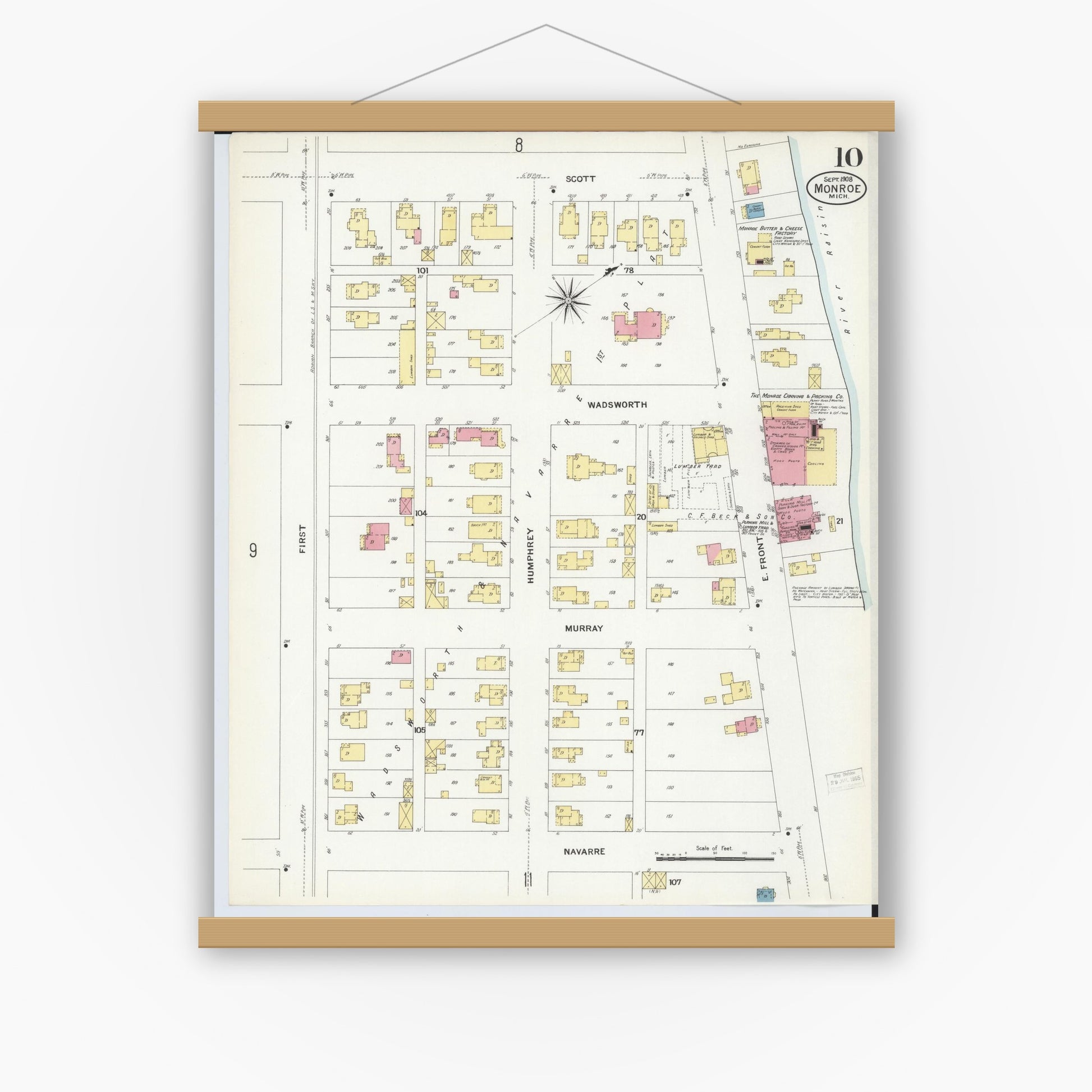 Old map wall art mockup — magnetic wood frame on white wall — Sanborn Fire Insurance Map from Monroe, Monroe County, Michigan (1908), Sheet #0010