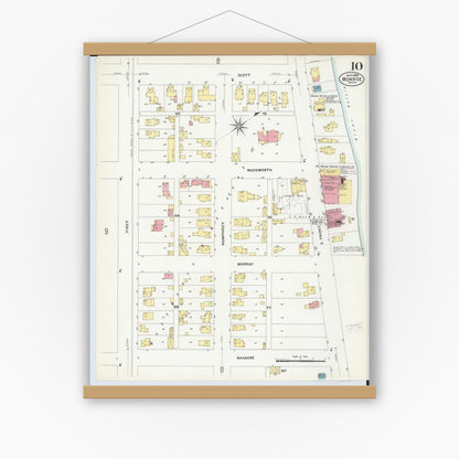 Old map wall art mockup — magnetic wood frame on white wall — Sanborn Fire Insurance Map from Monroe, Monroe County, Michigan (1908), Sheet #0010