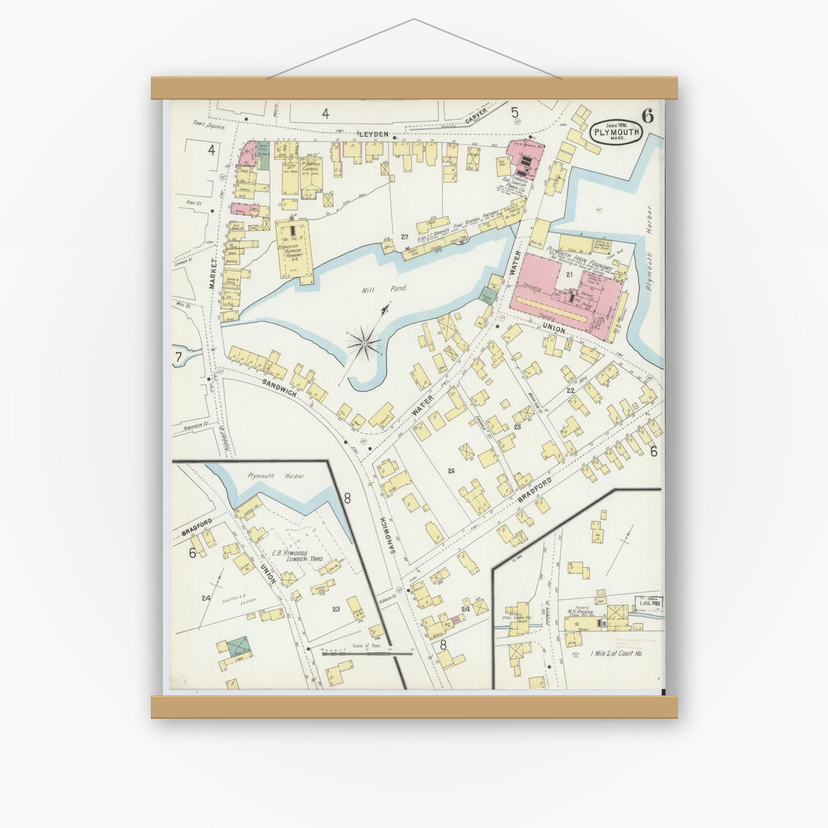 Old map wall art mockup — magnetic wood frame on white wall — Sanborn Fire Insurance Map from Plymouth, Plymouth County, Massachusetts (1896), Sheet #0006