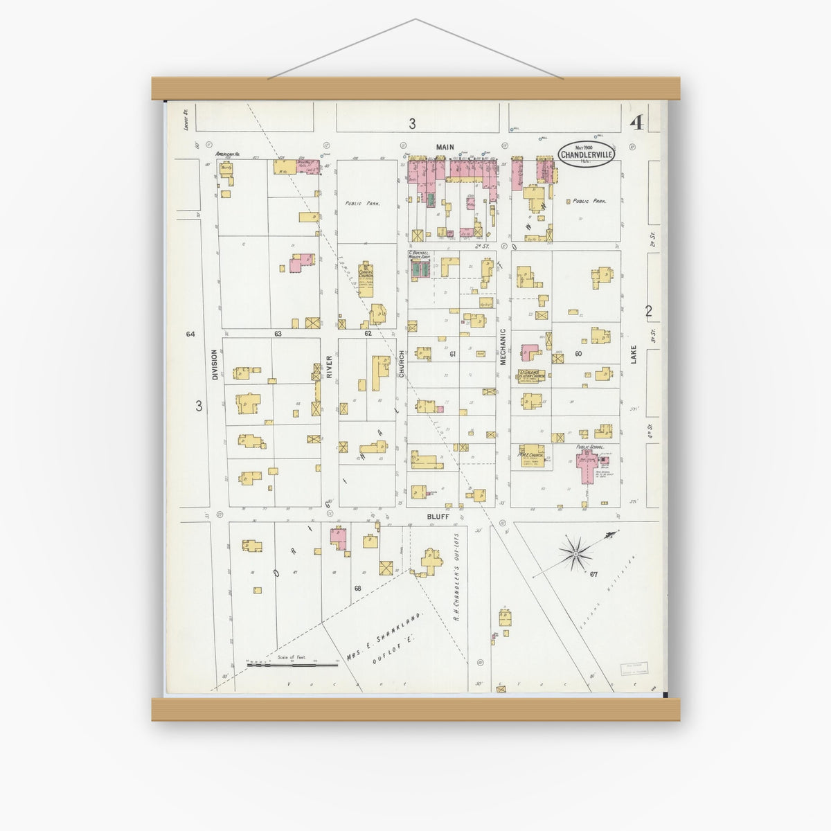 Old map wall art mockup — magnetic wood frame on white wall — Sanborn Fire Insurance Map from Chandlerville, Cass County, Illinois (1900), Sheet #0004