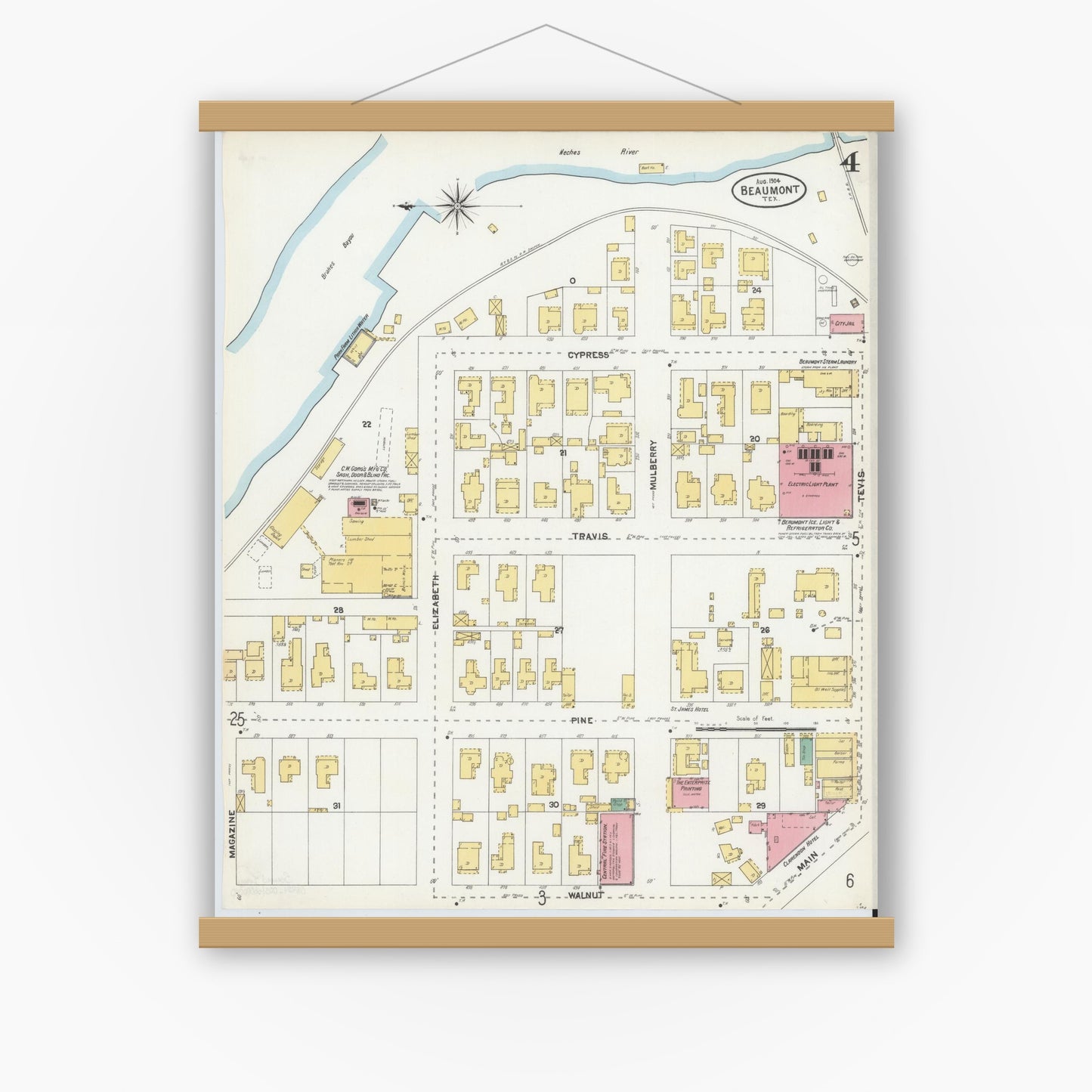 Old map wall art mockup — magnetic wood frame on white wall — Sanborn Fire Insurance Map from Beaumont, Jefferson County, Texas (1904), Sheet #0004