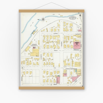 Old map wall art mockup — magnetic wood frame on white wall — Sanborn Fire Insurance Map from Beaumont, Jefferson County, Texas (1904), Sheet #0004