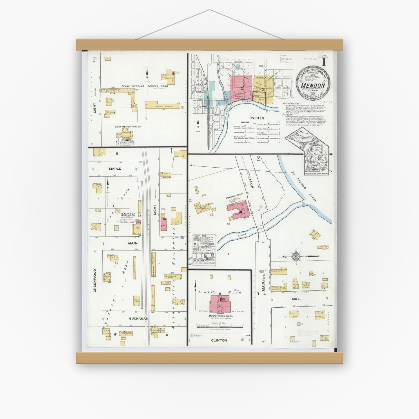 Old map wall art mockup — magnetic wood frame on white wall — Sanborn Fire Insurance Map from Mendon, Saint Joseph County, Michigan (1918) - Complete Map Set