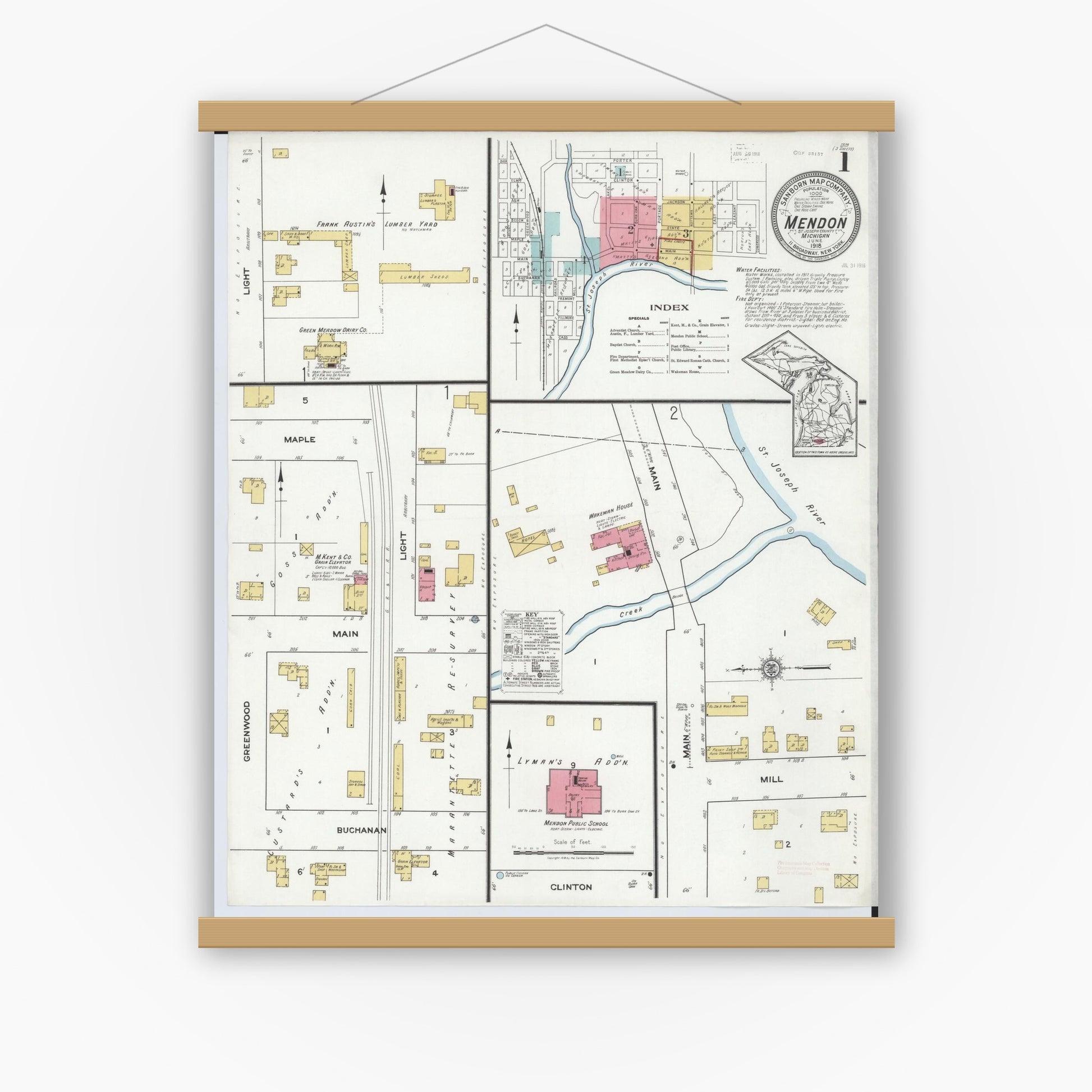 Old map wall art mockup — magnetic wood frame on white wall — Sanborn Fire Insurance Map from Mendon, Saint Joseph County, Michigan (1918) - Complete Map Set