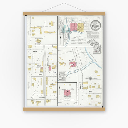 Old map wall art mockup — magnetic wood frame on white wall — Sanborn Fire Insurance Map from Mendon, Saint Joseph County, Michigan (1918) - Complete Map Set