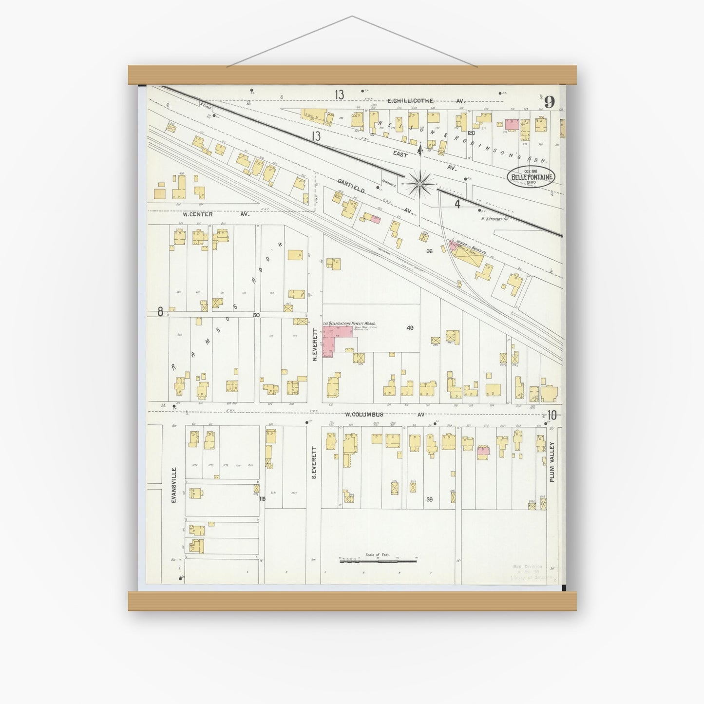 Old map wall art mockup — magnetic wood frame on white wall — Sanborn Fire Insurance Map from Bellefontaine, Logan County, Ohio (1901), Sheet #0009