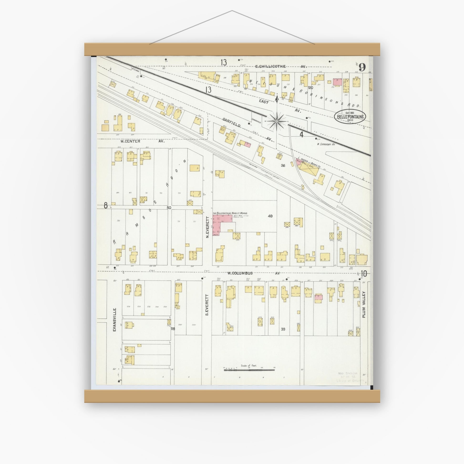 Old map wall art mockup — magnetic wood frame on white wall — Sanborn Fire Insurance Map from Bellefontaine, Logan County, Ohio (1901), Sheet #0009