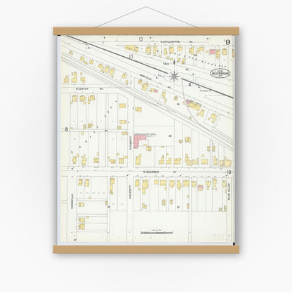 Old map wall art mockup — magnetic wood frame on white wall — Sanborn Fire Insurance Map from Bellefontaine, Logan County, Ohio (1901), Sheet #0009