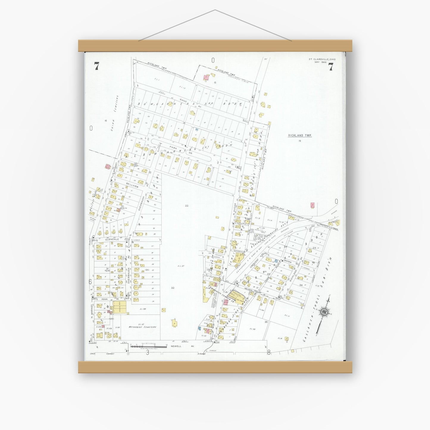 Old map wall art mockup — magnetic wood frame on white wall — Sanborn Fire Insurance Map from Saint Clairsville, Belmont County, Ohio (1946), Sheet #0007