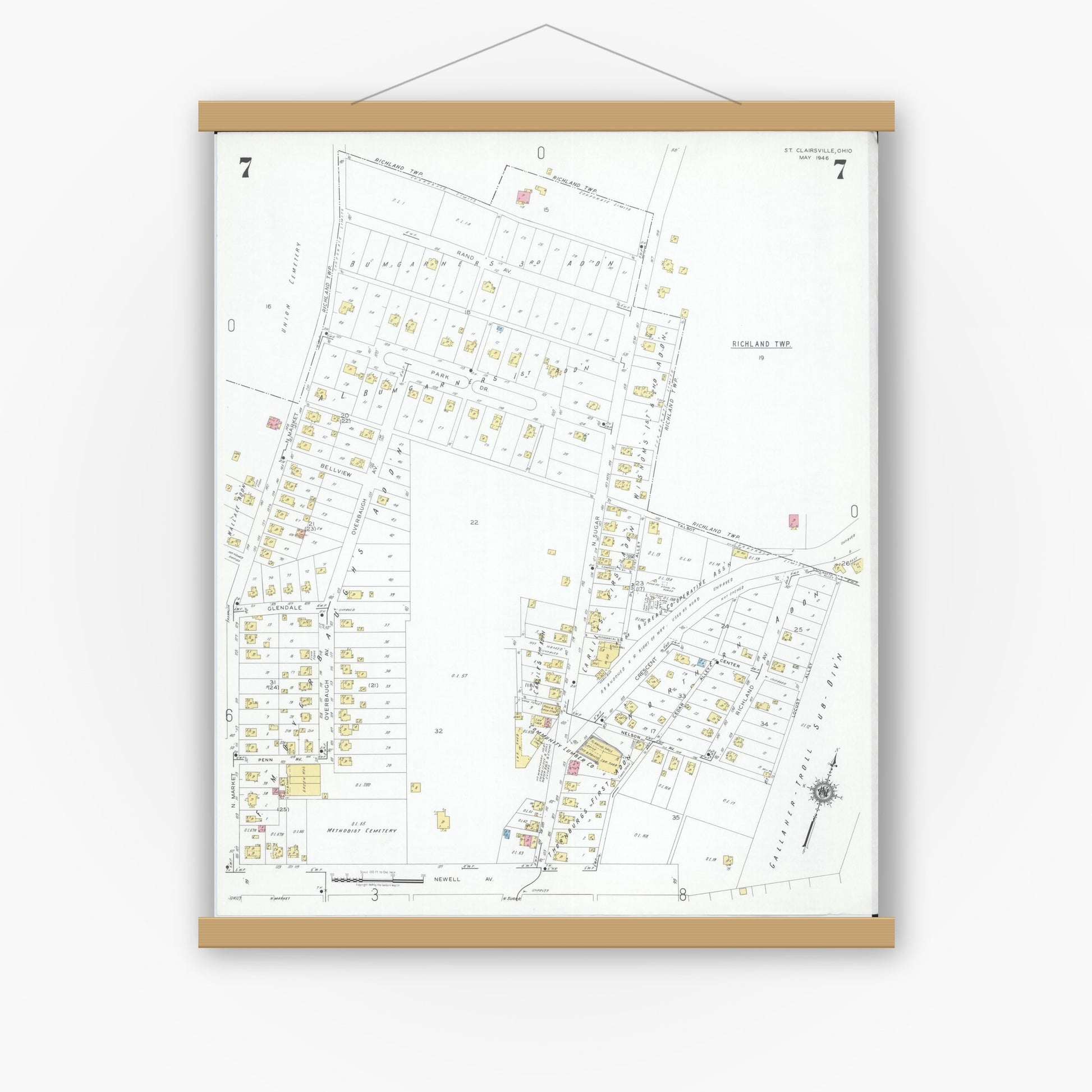 Old map wall art mockup — magnetic wood frame on white wall — Sanborn Fire Insurance Map from Saint Clairsville, Belmont County, Ohio (1946), Sheet #0007