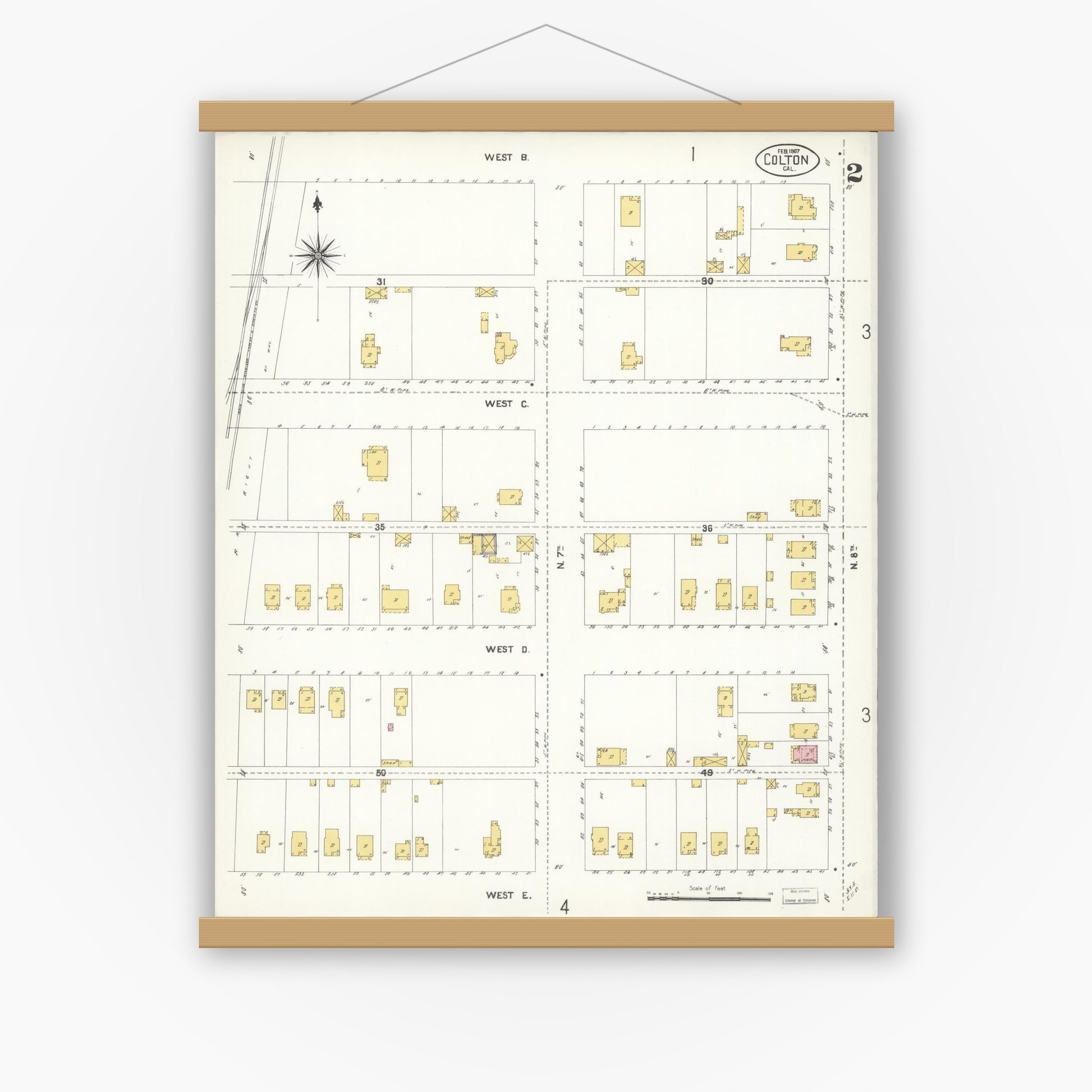 Old map wall art mockup — magnetic wood frame on white wall — Sanborn Fire Insurance Map from Colton, San Bernardino County, California (1907), Sheet #0002
