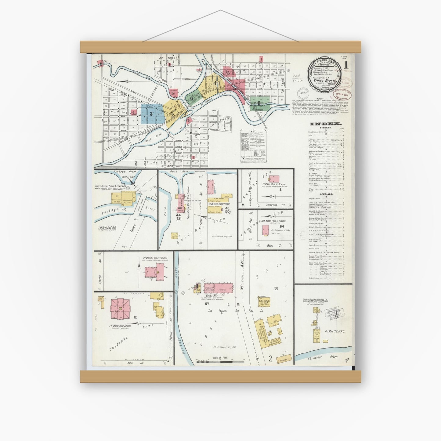 Old map wall art mockup — magnetic wood frame on white wall — Sanborn Fire Insurance Map from Three Rivers, Saint Joseph County, Michigan (1899) - Complete Map Set