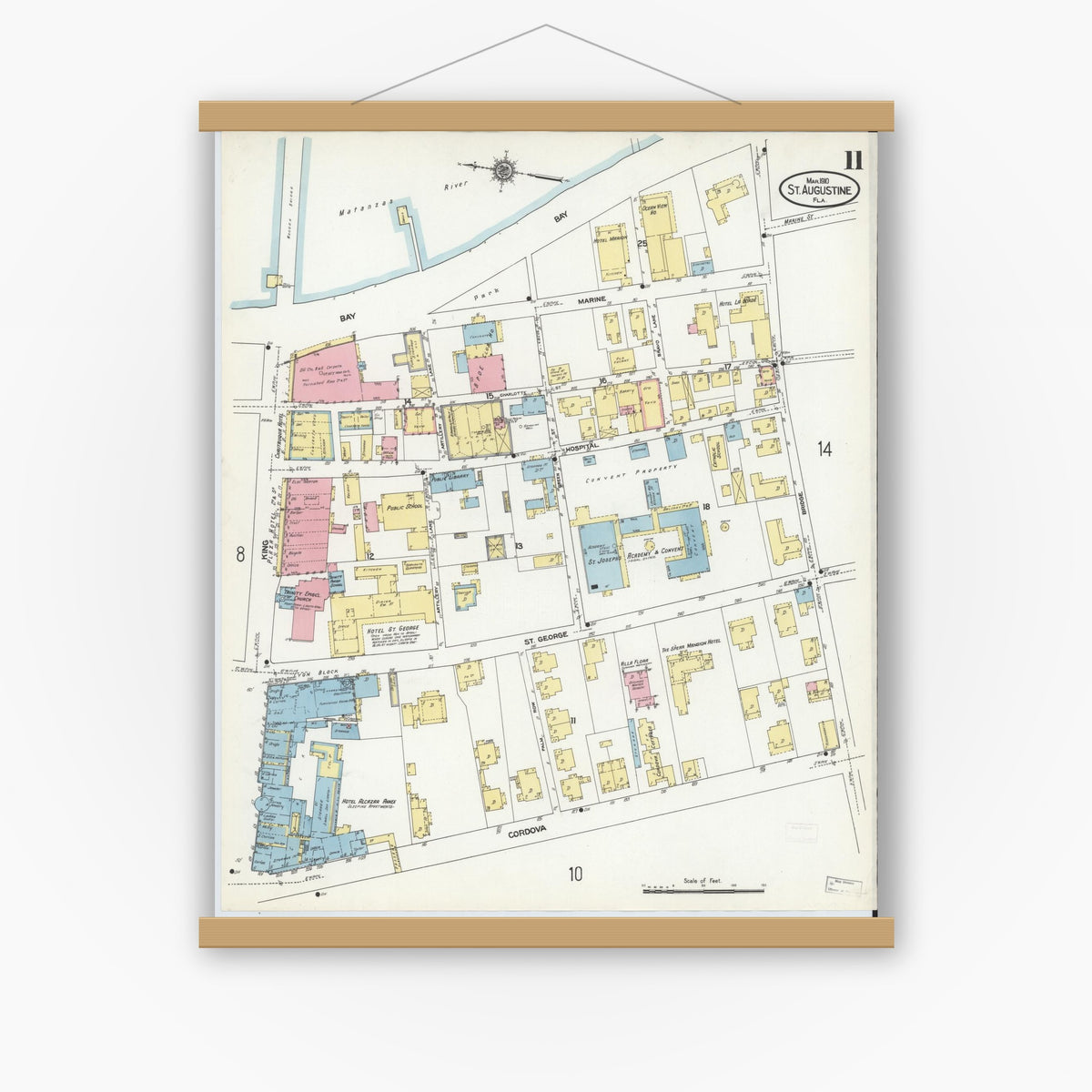 Old map wall art mockup — magnetic wood frame on white wall — Sanborn Fire Insurance Map from Saint Augustine, Saint John's County, Florida (1910), Sheet #0011