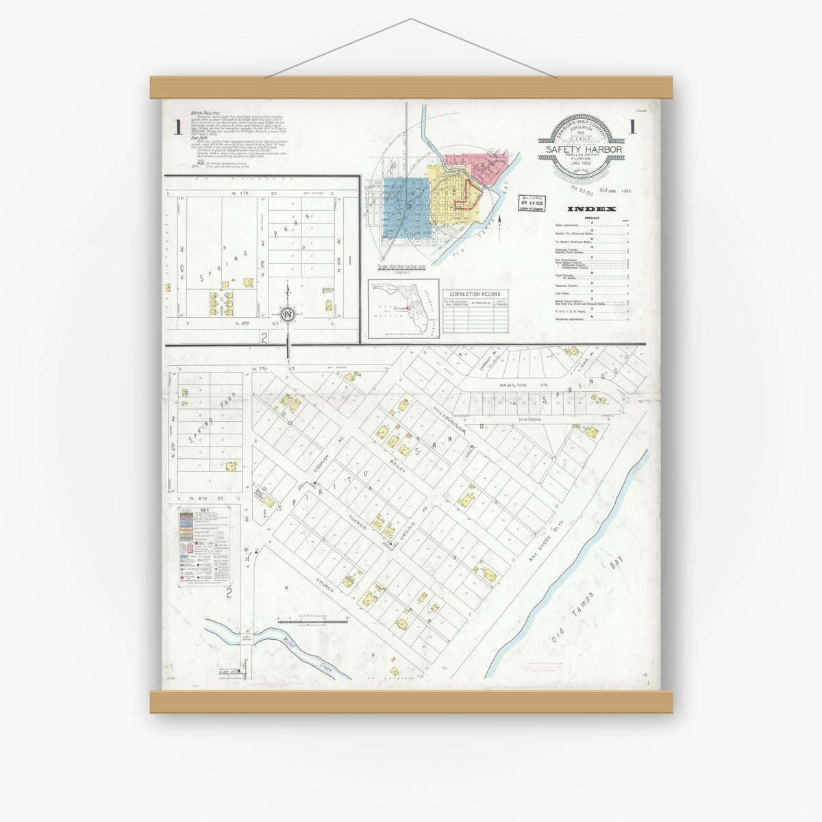 Old map wall art mockup — magnetic wood frame on white wall — Sanborn Fire Insurance Map from Safety Harbor, Pinellas County, Florida (1933) - Complete Map Set