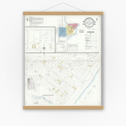 Old map wall art mockup — magnetic wood frame on white wall — Sanborn Fire Insurance Map from Safety Harbor, Pinellas County, Florida (1933) - Complete Map Set