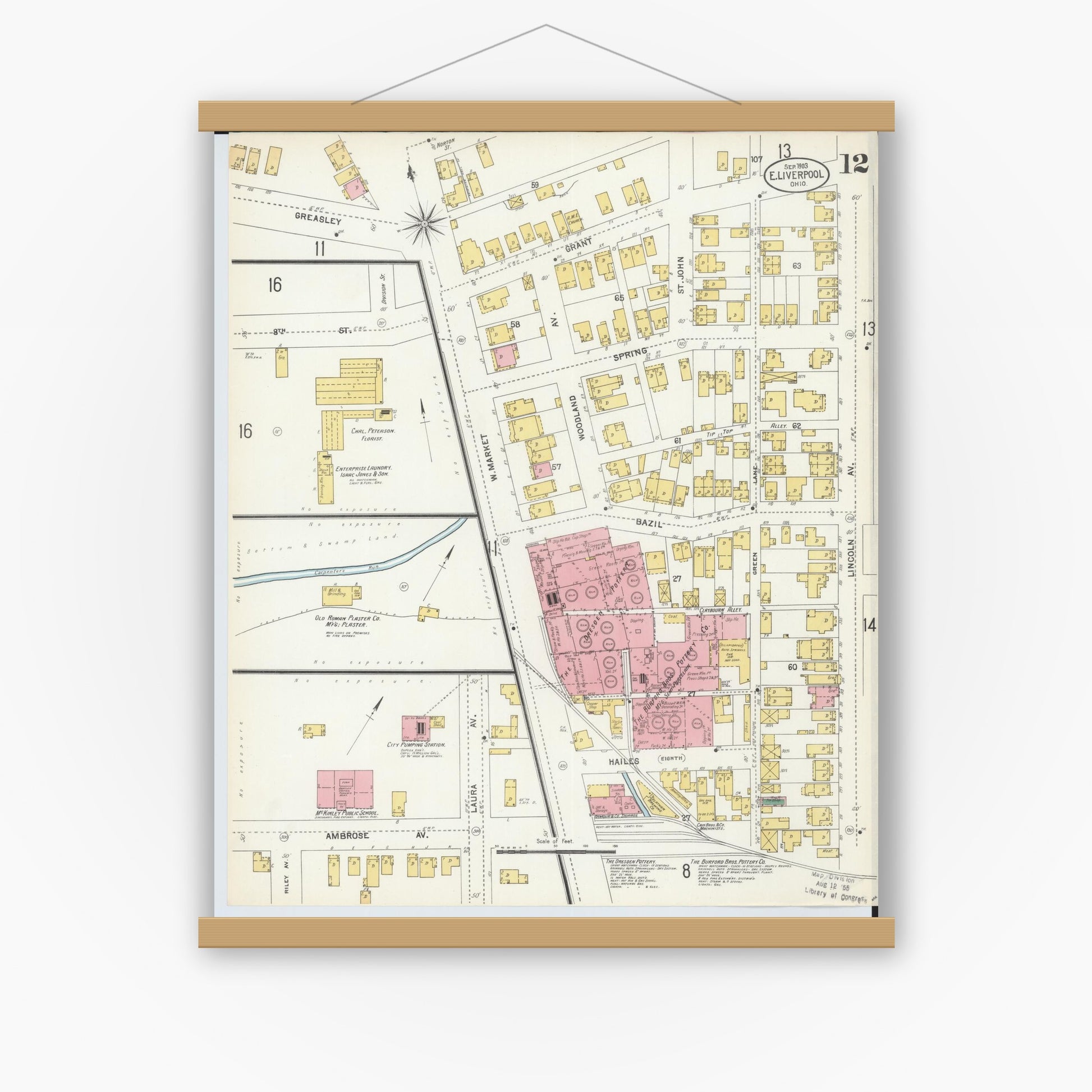 Old map wall art mockup — magnetic wood frame on white wall — Sanborn Fire Insurance Map from East Liverpool, Columbiana County, Ohio (1903), Sheet #0012