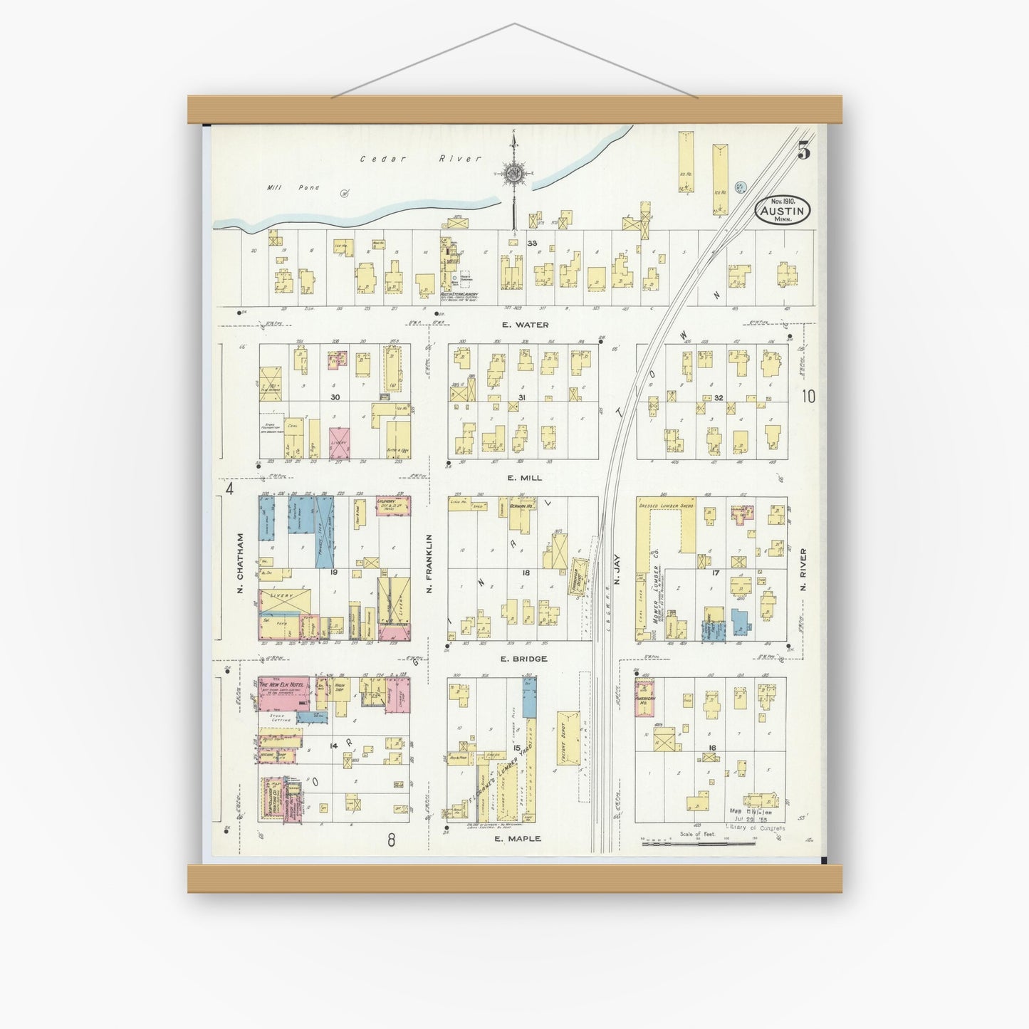 Old map wall art mockup — magnetic wood frame on white wall — Sanborn Fire Insurance Map from Austin, Mower County, Minnesota (1910), Sheet #0005