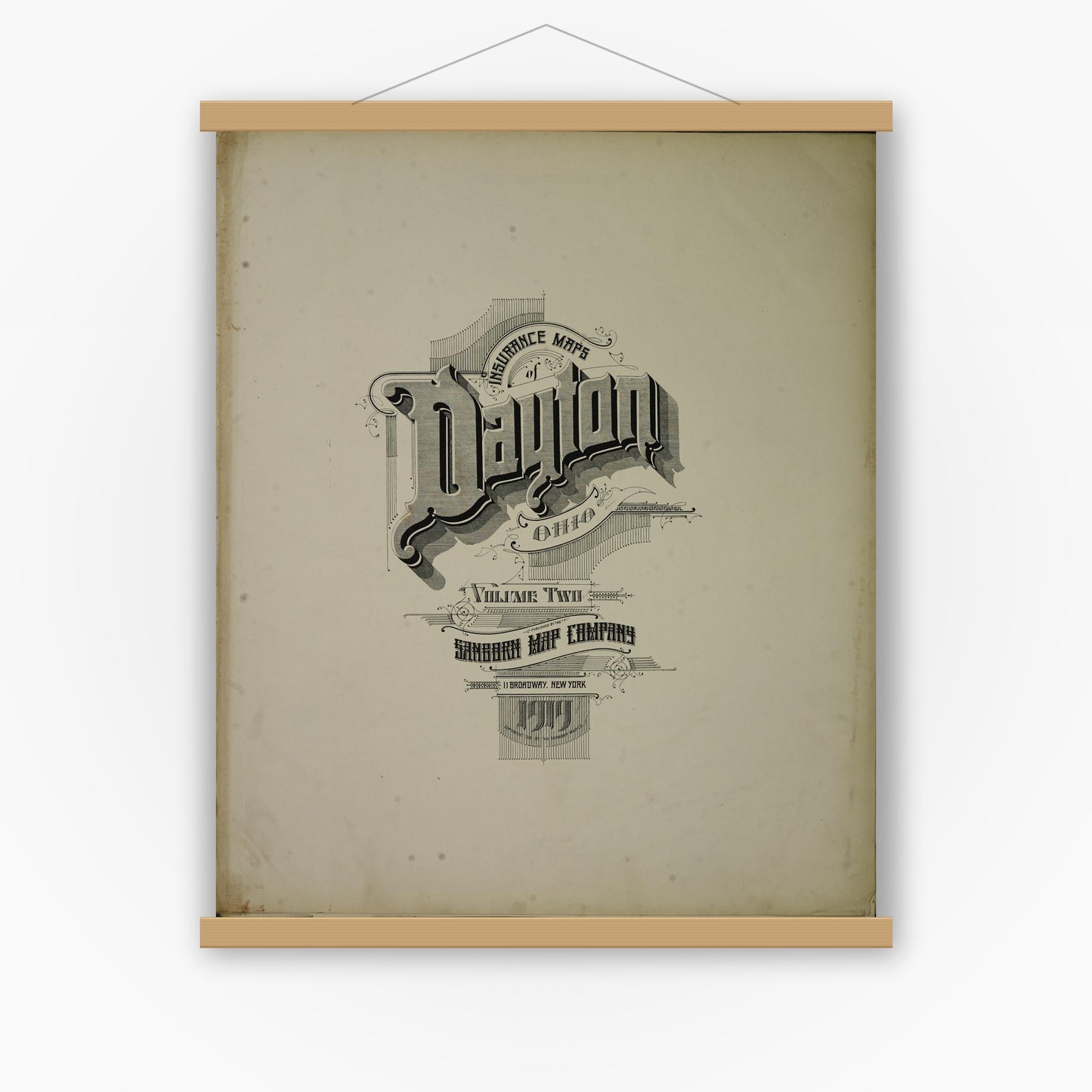 Old map wall art mockup — magnetic wood frame on white wall — Sanborn Fire Insurance Map from Dayton, Montgomery County, Ohio (1919), Sheet #0001