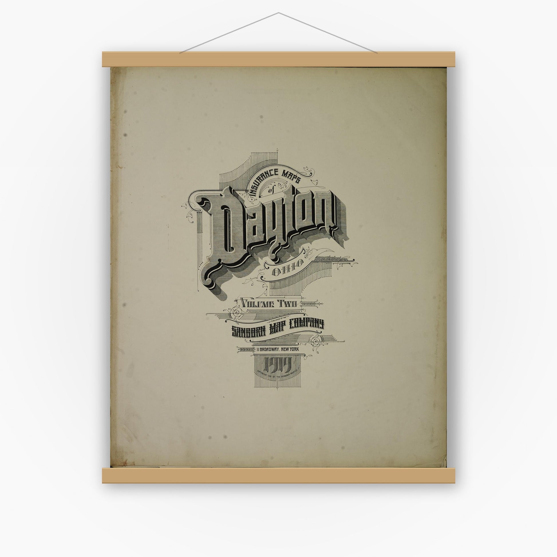 Old map wall art mockup — magnetic wood frame on white wall — Sanborn Fire Insurance Map from Dayton, Montgomery County, Ohio (1919), Sheet #0001