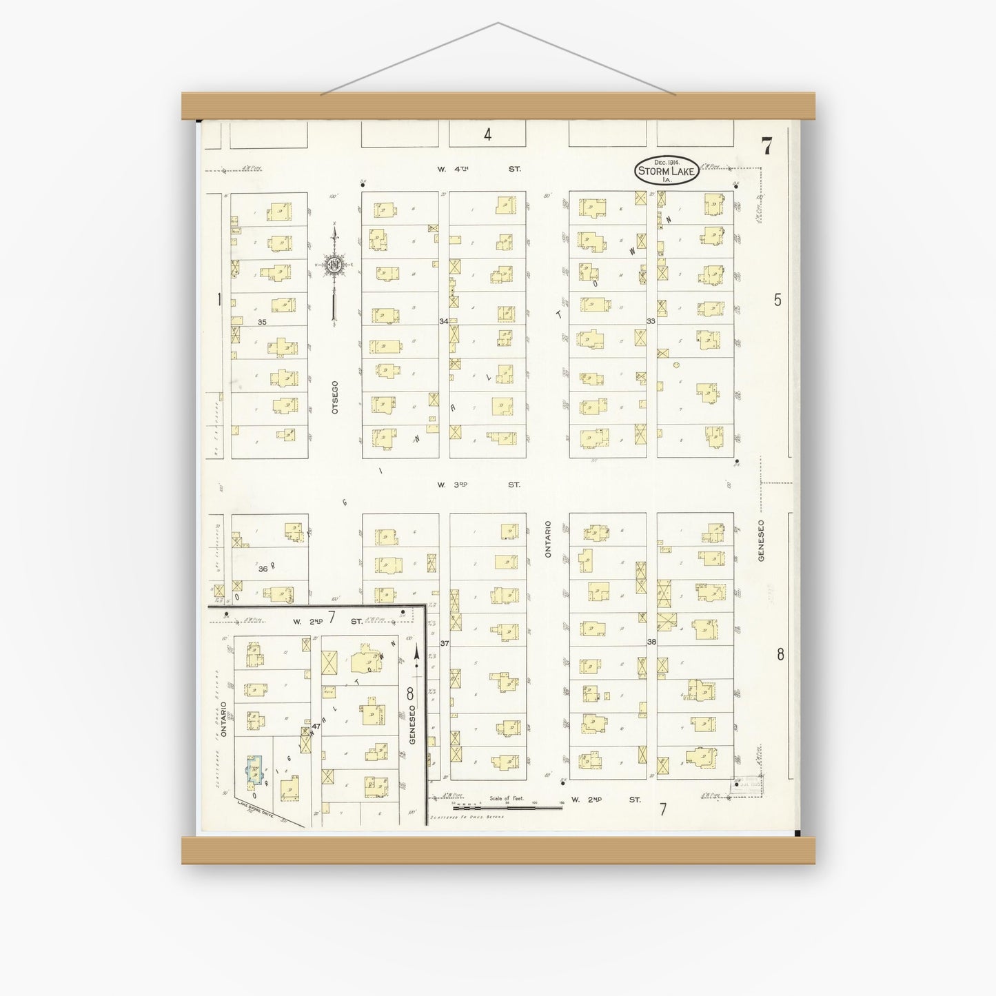 Old map wall art mockup — magnetic wood frame on white wall — Sanborn Fire Insurance Map from Storm Lake, Buena Vista County, Iowa (1914), Sheet #0007