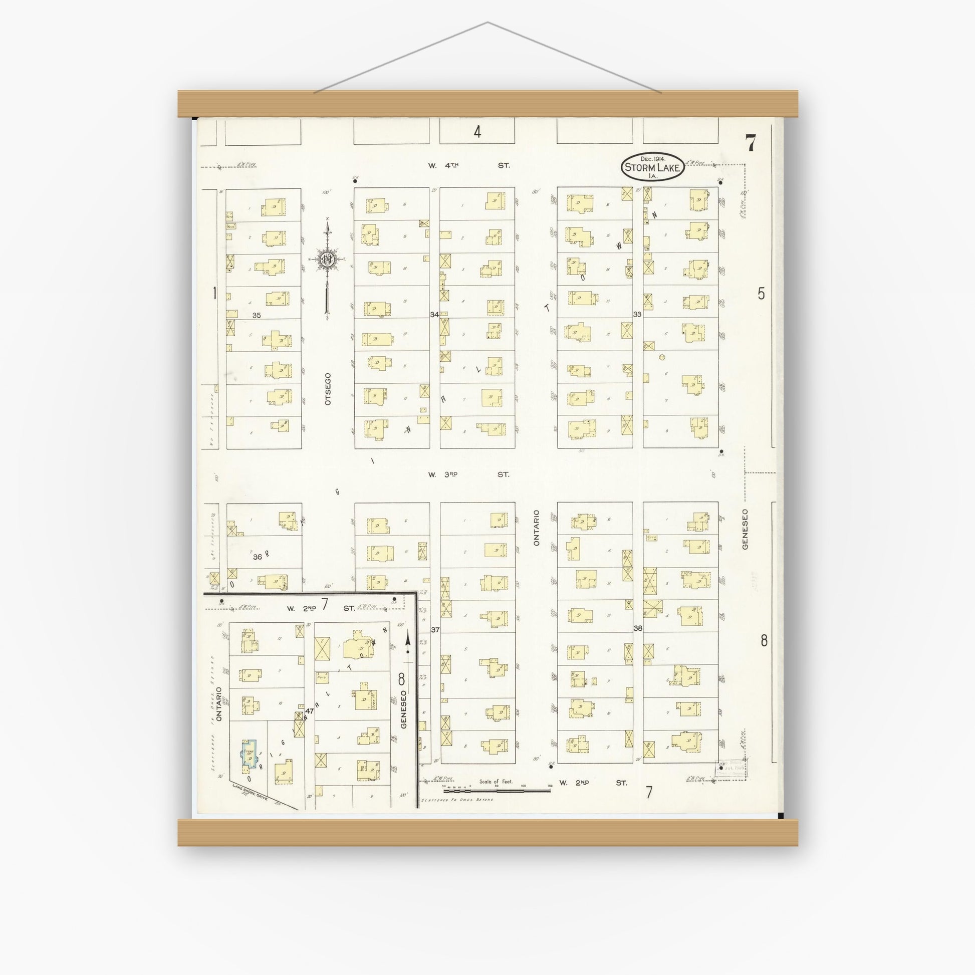Old map wall art mockup — magnetic wood frame on white wall — Sanborn Fire Insurance Map from Storm Lake, Buena Vista County, Iowa (1914), Sheet #0007