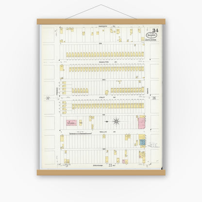 Old map wall art mockup — magnetic wood frame on white wall — Sanborn Fire Insurance Map from Sharon, Mercer County, Pennsylvania (1908), Sheet #0034