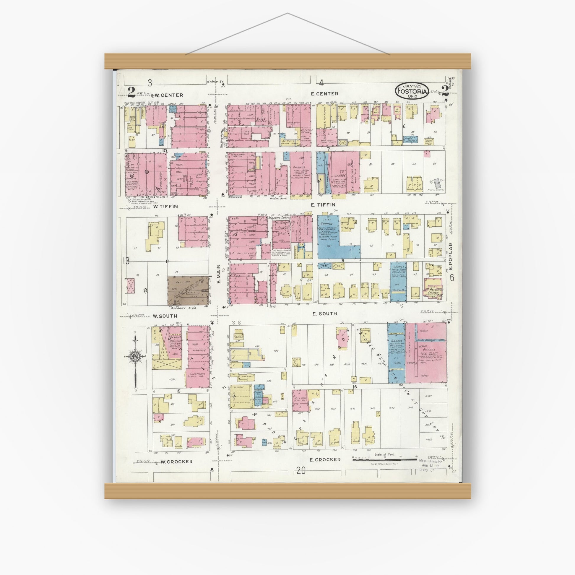 Old map wall art mockup — magnetic wood frame on white wall — Sanborn Fire Insurance Map from Fostoria, Seneca, Hancock, And Wood Counties, Ohio (1924), Sheet #0002