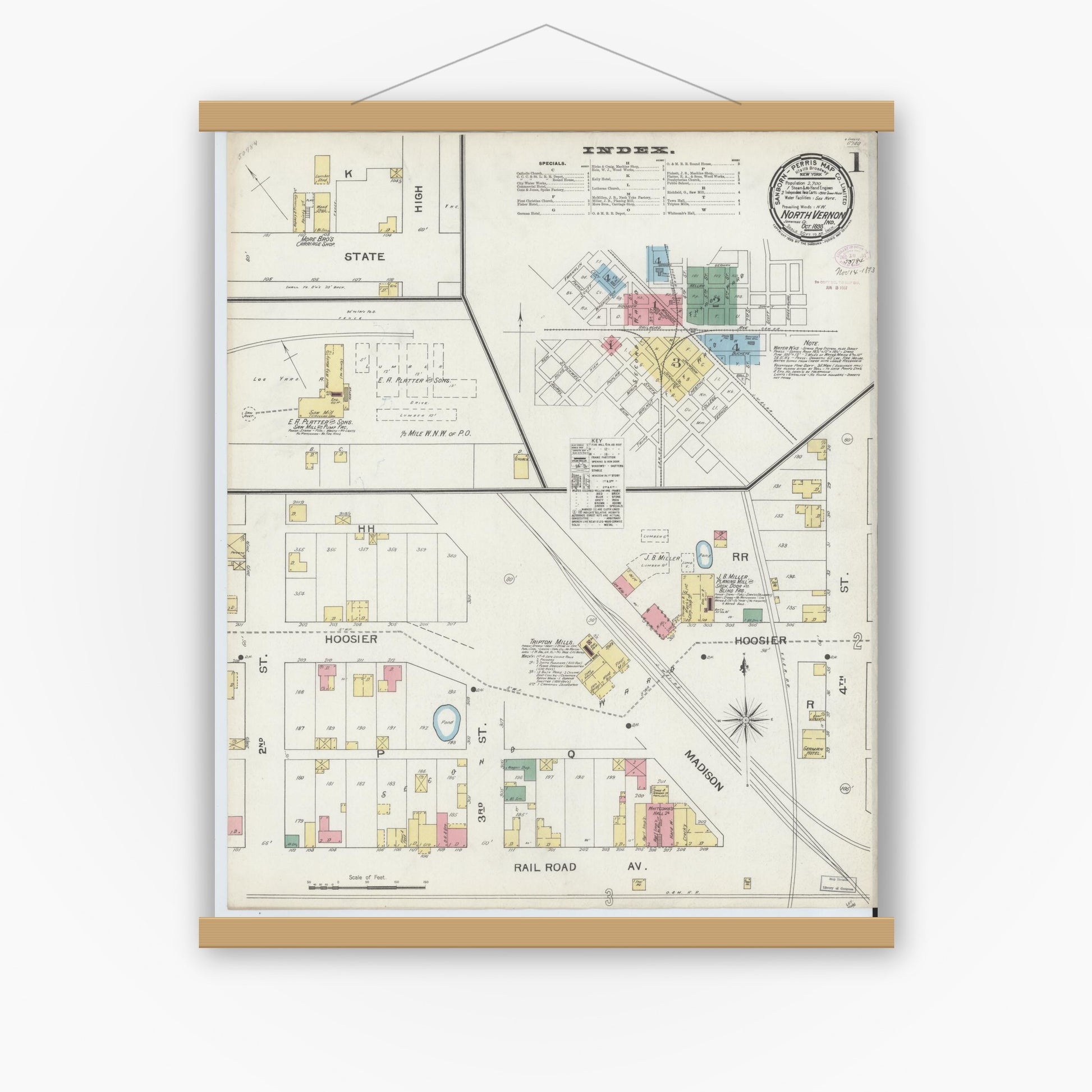 Old map wall art mockup — magnetic wood frame on white wall — Sanborn Fire Insurance Map from North Vernon, Jennings County, Indiana (1893) - Complete Map Set