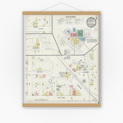 Old map wall art mockup — magnetic wood frame on white wall — Sanborn Fire Insurance Map from North Vernon, Jennings County, Indiana (1893) - Complete Map Set