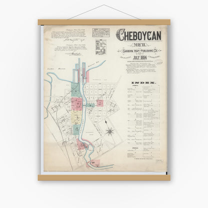 Old map wall art mockup — magnetic wood frame on white wall — Sanborn Fire Insurance Map from Cheboygan, Cheboygan County, Michigan (1884), Sheet #0001