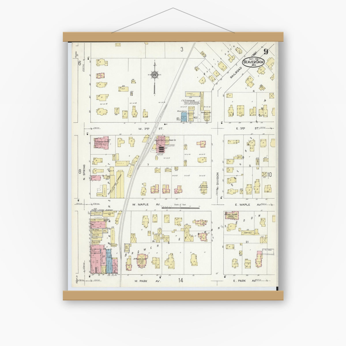 Old map wall art mockup — magnetic wood frame on white wall — Sanborn Fire Insurance Map from Beaver Dam, Dodge County, Wisconsin (1914), Sheet #0009