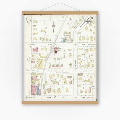 Old map wall art mockup — magnetic wood frame on white wall — Sanborn Fire Insurance Map from Beaver Dam, Dodge County, Wisconsin (1914), Sheet #0009