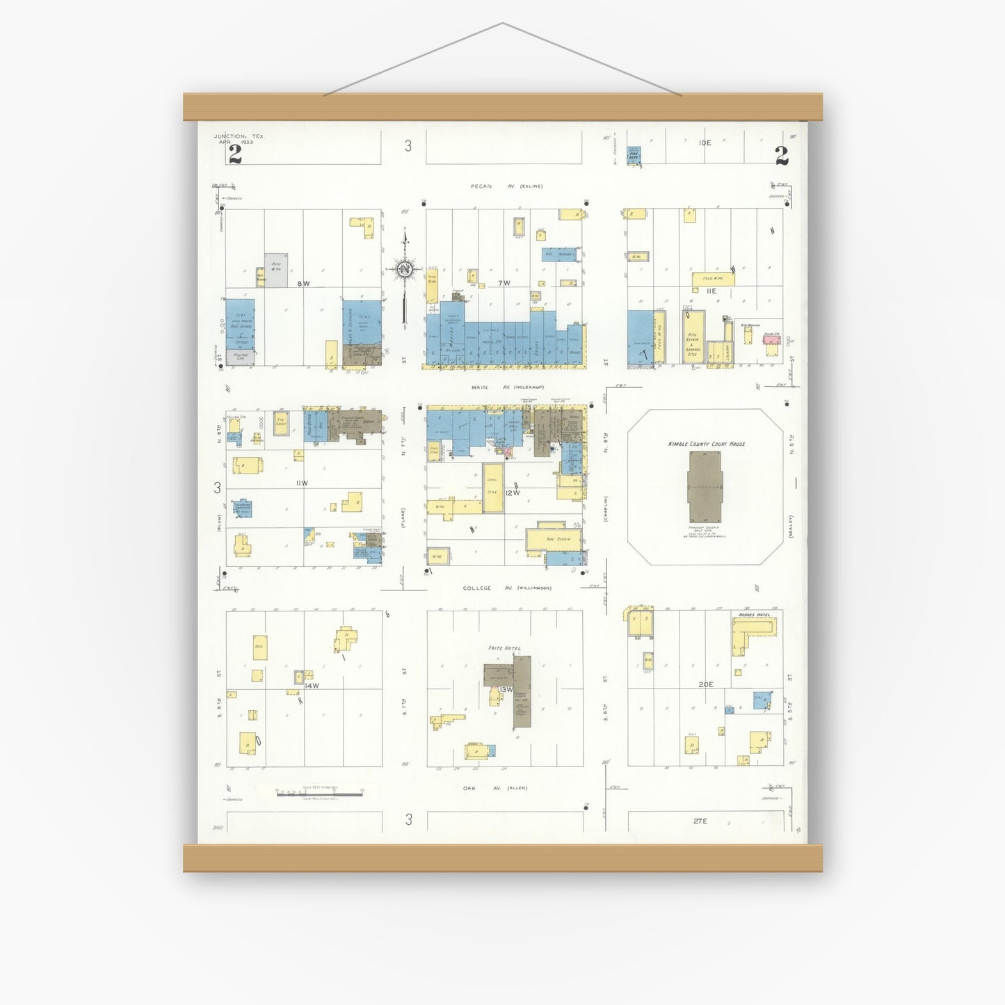 Old map wall art mockup — magnetic wood frame on white wall — Sanborn Fire Insurance Map from Junction, Kimble County, Texas (1933), Sheet #0002