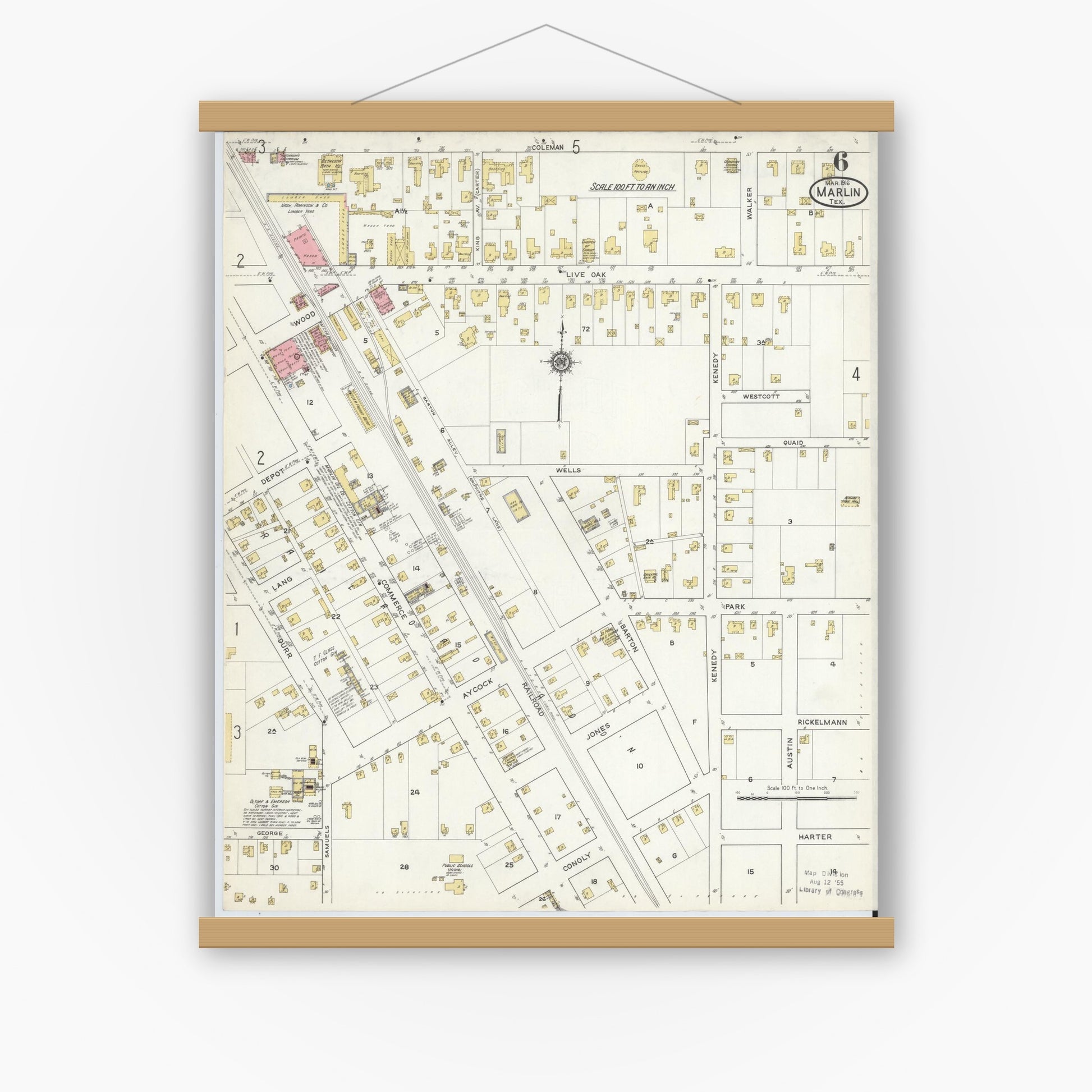 Old map wall art mockup — magnetic wood frame on white wall — Sanborn Fire Insurance Map from Marlin, Falls County, Texas (1916), Sheet #0006