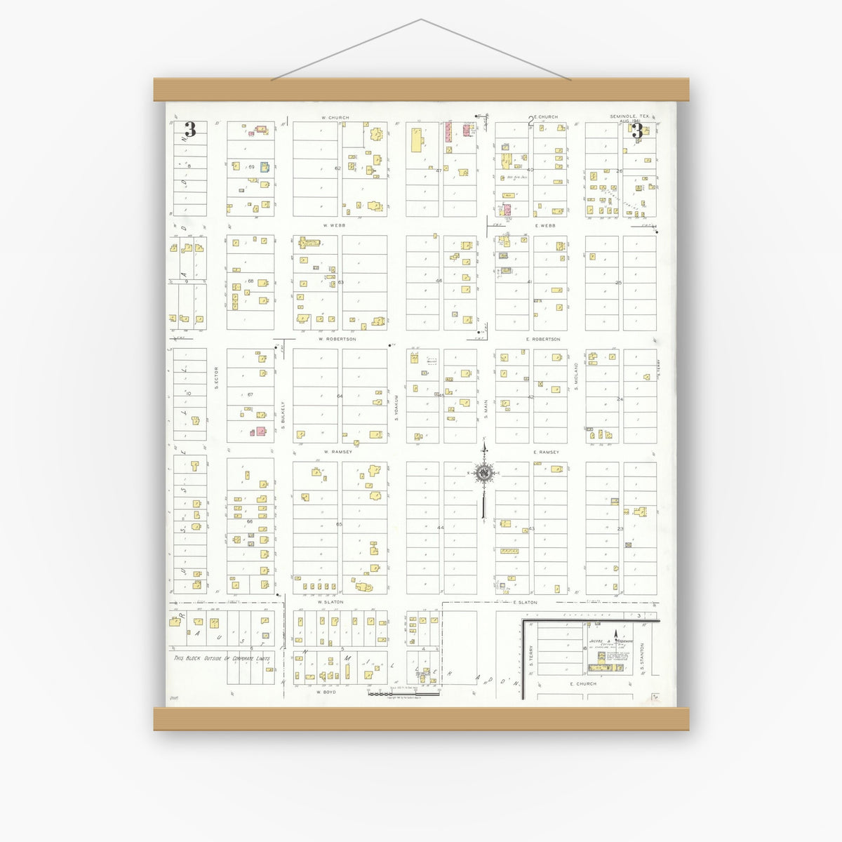 Old map wall art mockup — magnetic wood frame on white wall — Sanborn Fire Insurance Map from Seminole, Gaines County, Texas (1941), Sheet #0003