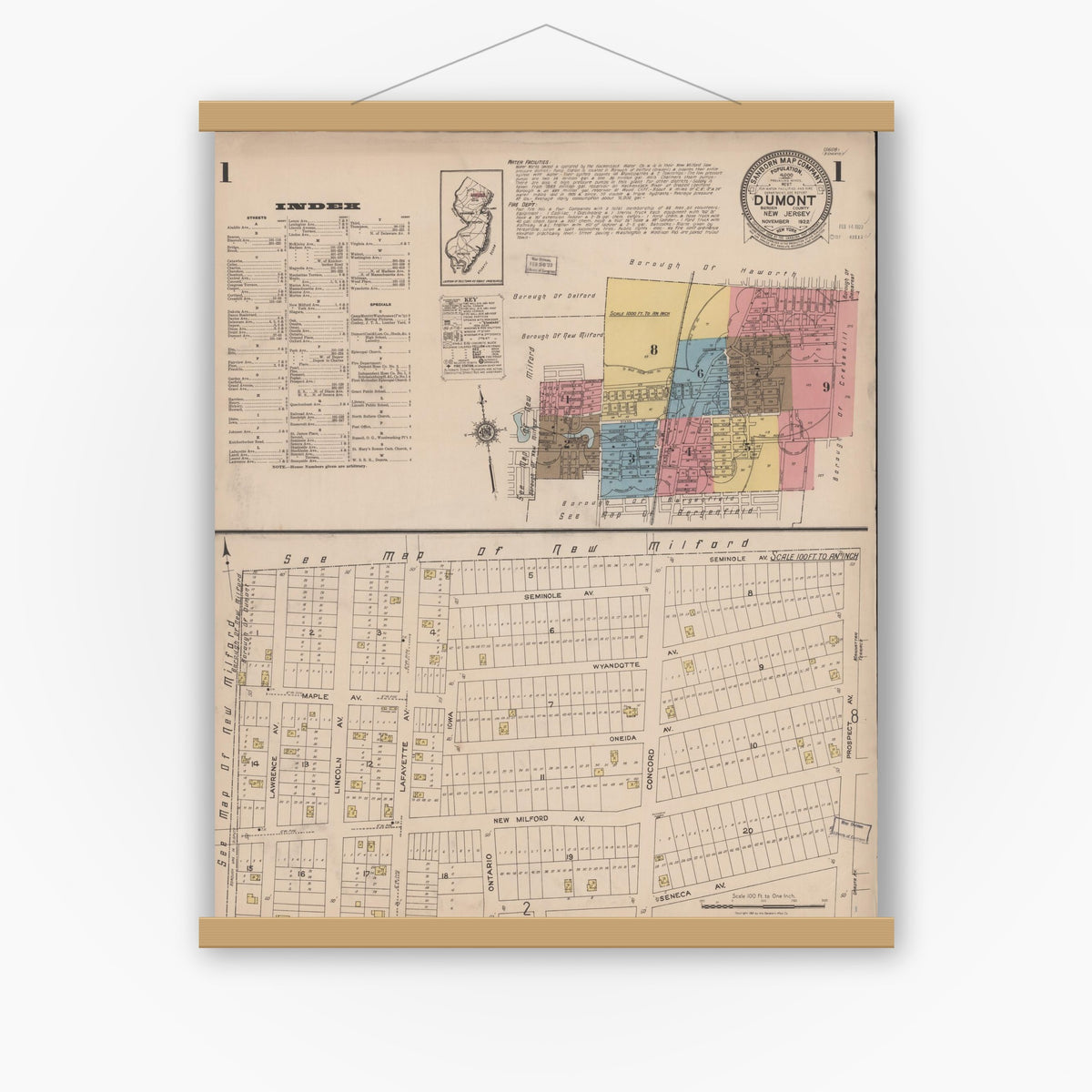 Old map wall art mockup — magnetic wood frame on white wall — Sanborn Fire Insurance Map from Dumont, Bergen County, New Jersey (1922) - Complete Map Set
