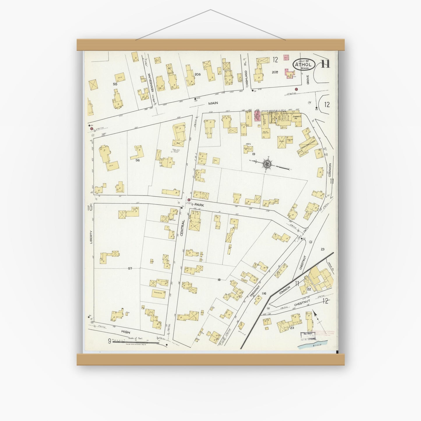 Old map wall art mockup — magnetic wood frame on white wall — Sanborn Fire Insurance Map from Athol, Worcester County, Massachusetts (1917), Sheet #0011