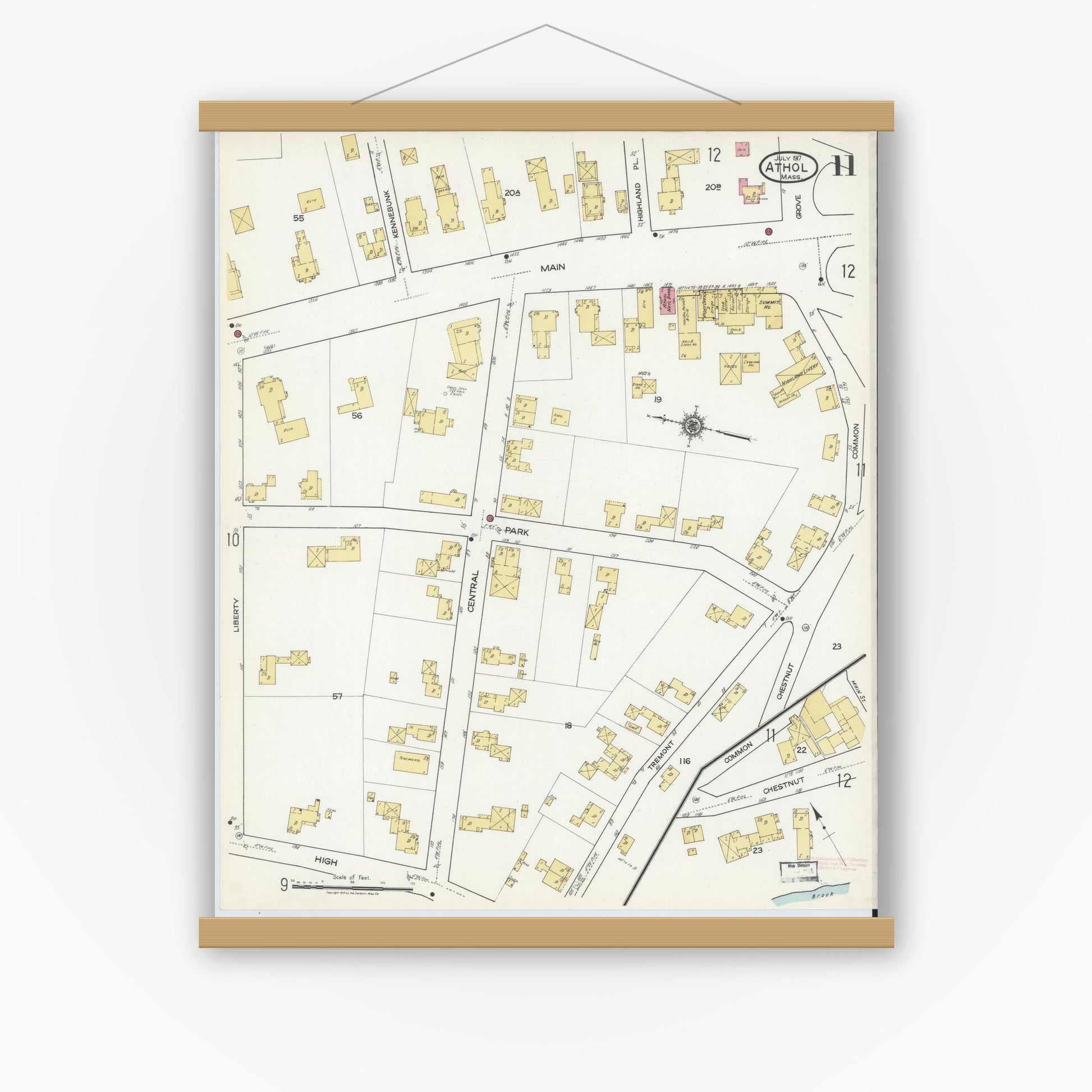 Old map wall art mockup — magnetic wood frame on white wall — Sanborn Fire Insurance Map from Athol, Worcester County, Massachusetts (1917), Sheet #0011