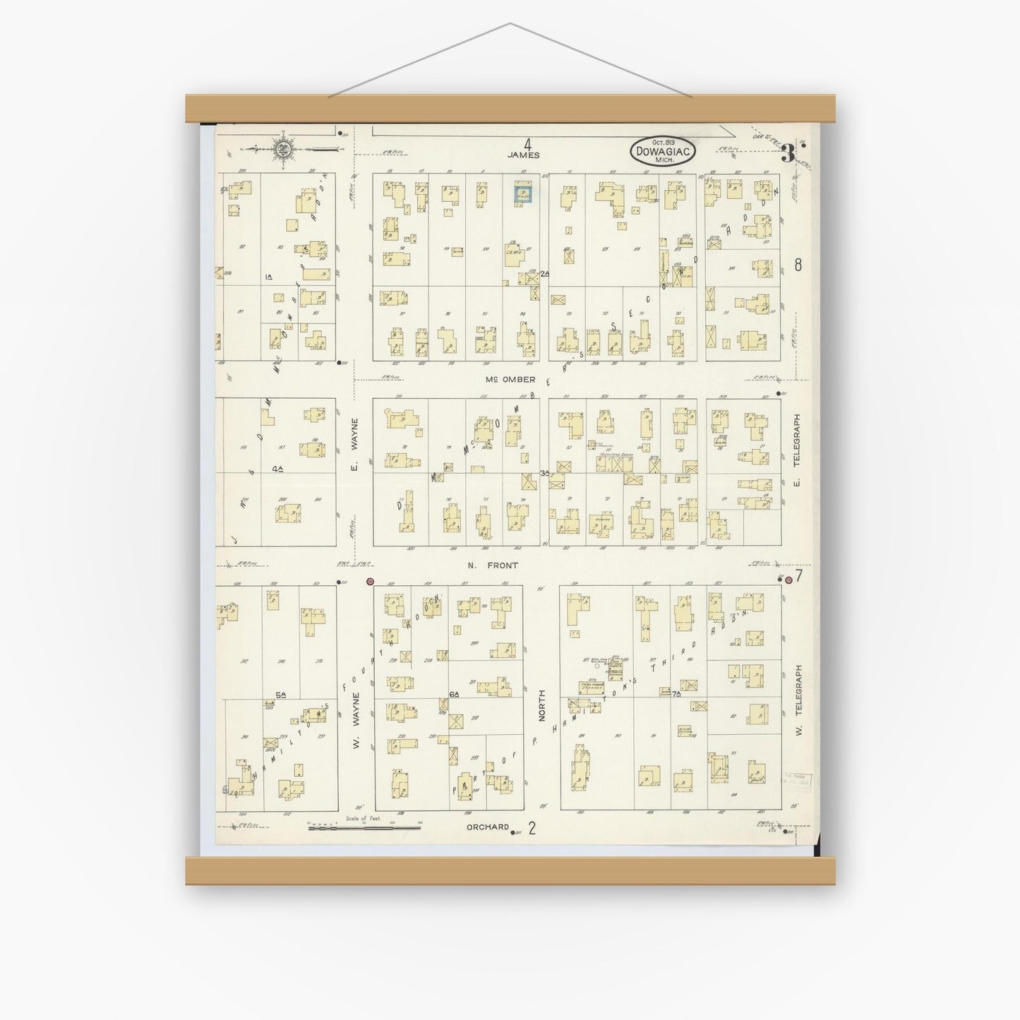 Old map wall art mockup — magnetic wood frame on white wall — Sanborn Fire Insurance Map from Dowagiac, Cass County, Michigan (1913), Sheet #0003