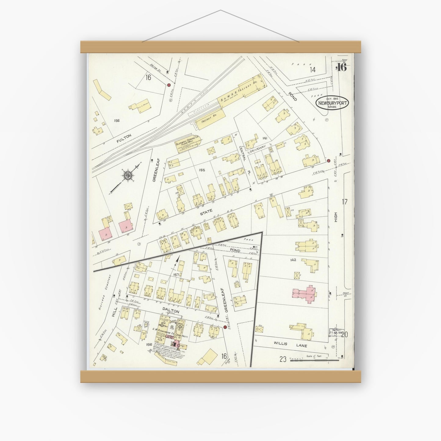 Old map wall art mockup — magnetic wood frame on white wall — Sanborn Fire Insurance Map from Newburyport, Essex County, Massachusetts (1914), Sheet #0016